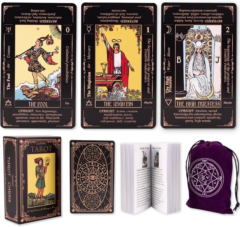 KLEDERY Tarot Cards for Beginners, Classic Tarot Deck with Meanings, Durable Cards with Guide Book, Black - Image 1